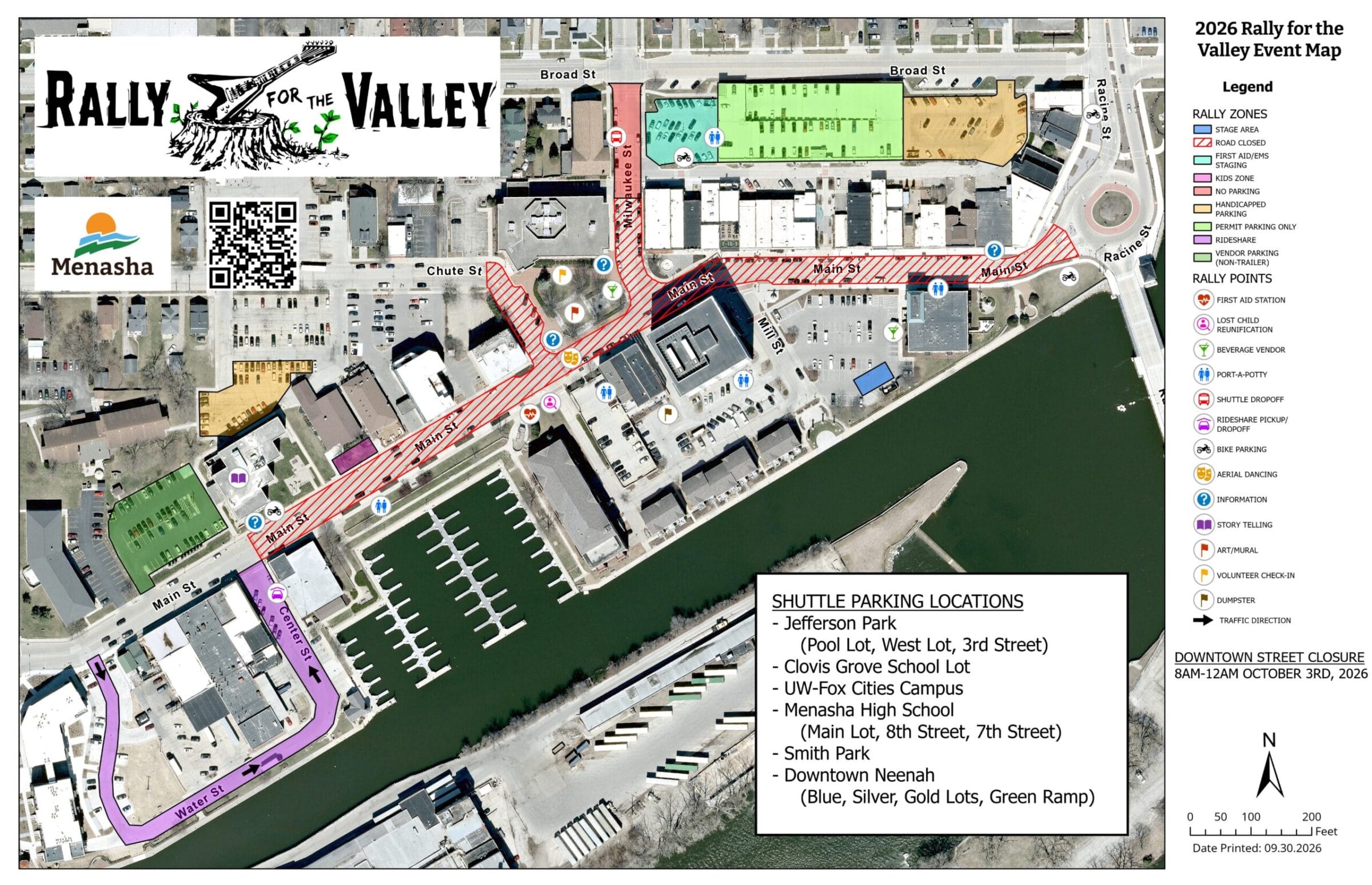 Map of 2026 Rally for the Valley event with street closures, rally zones, and shuttle parking.