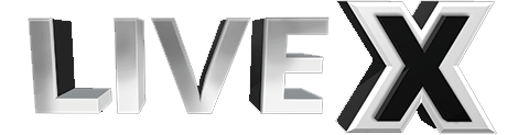 3D silver text "LIVE X" with black accents on a black background.