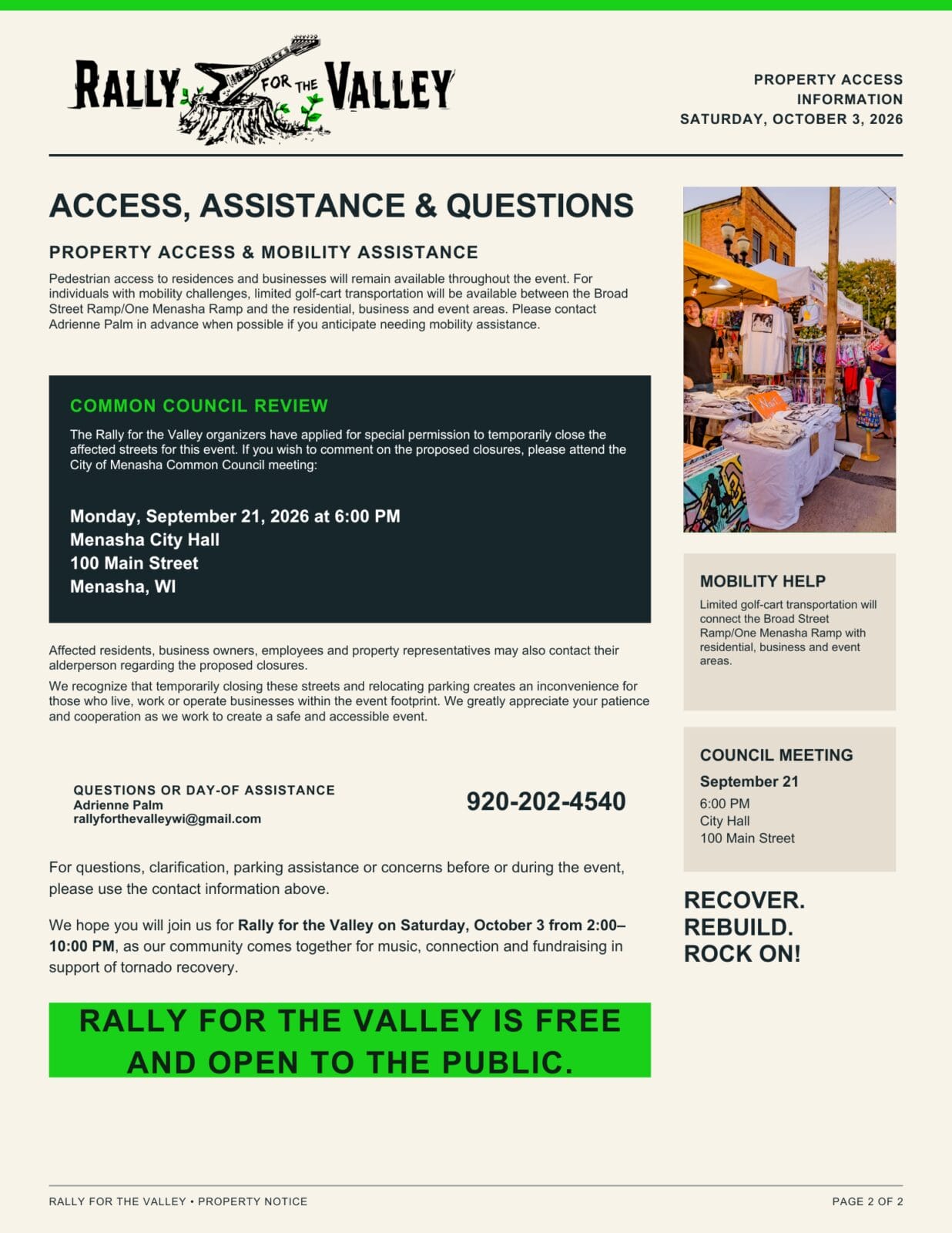 Rally for the Valley event notice with mobility assistance info.