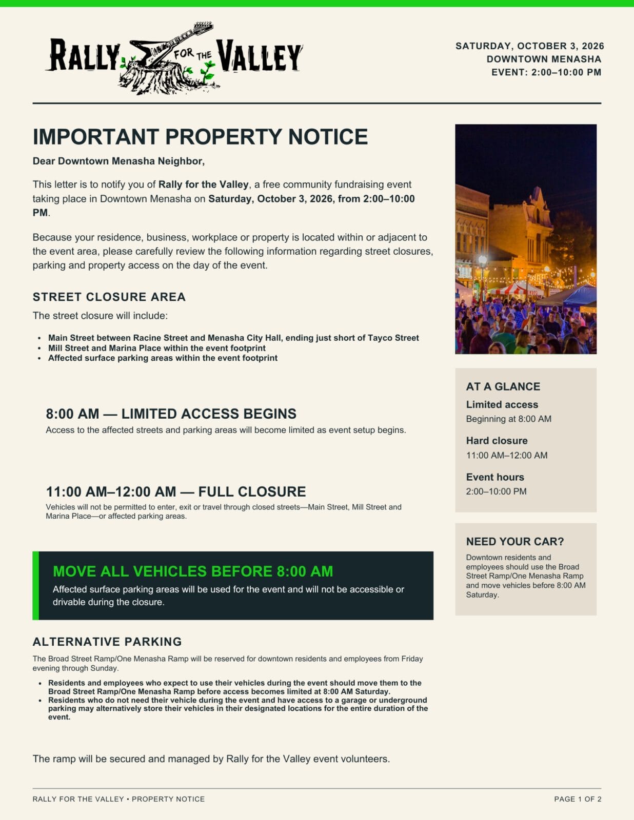 Rally for the Valley event notice with street closure details.