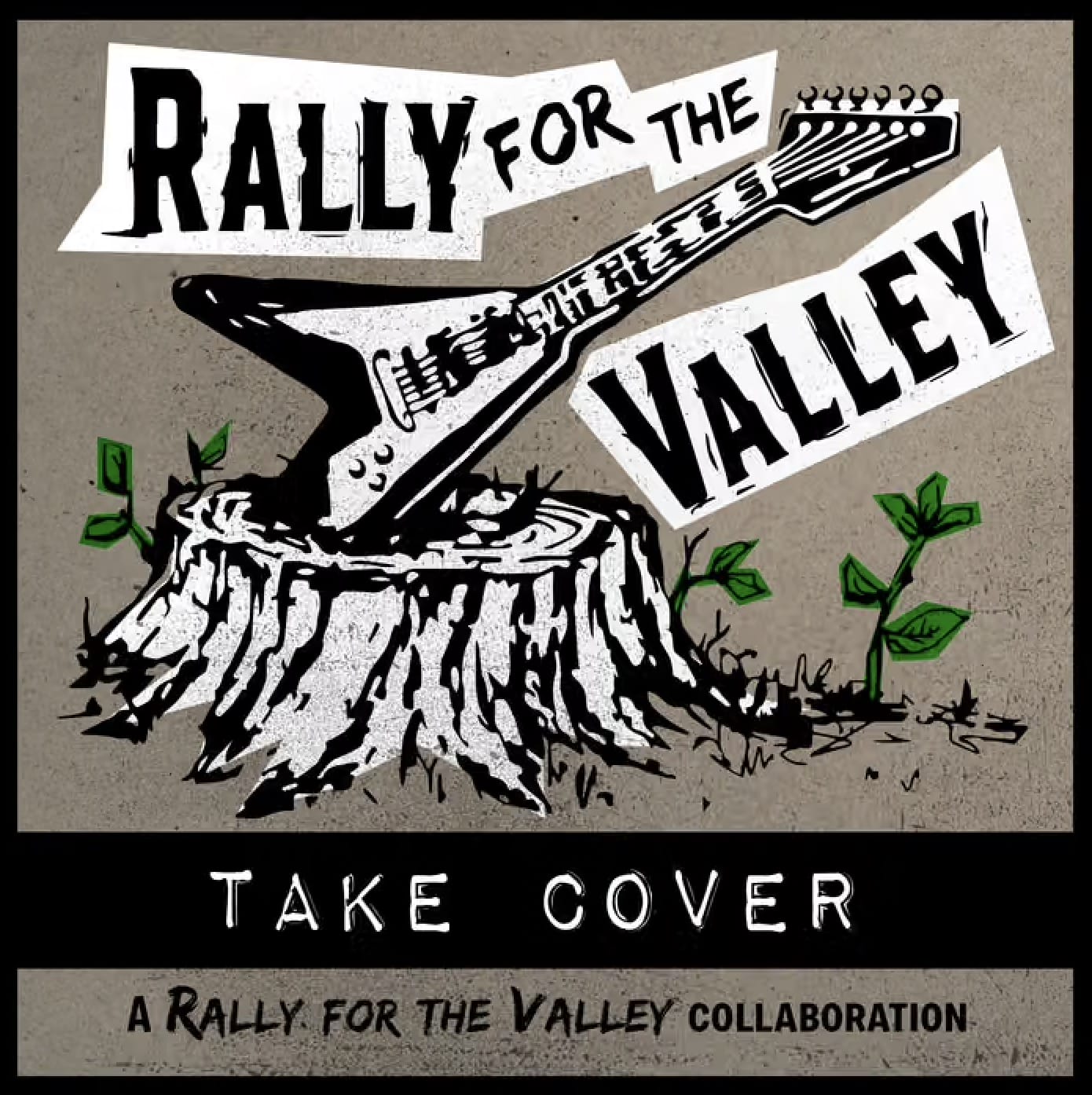 Rally for the Valley logo with guitar on tree stump and "Take Cover" text.
