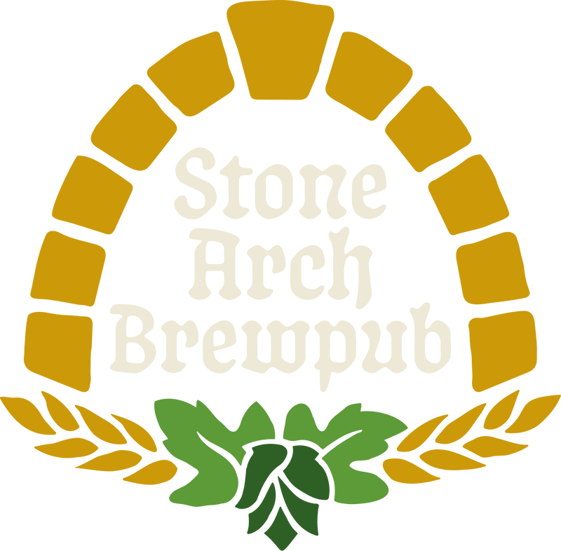 Stone Arch Brewpub logo with stone arch, wheat, and hops.
