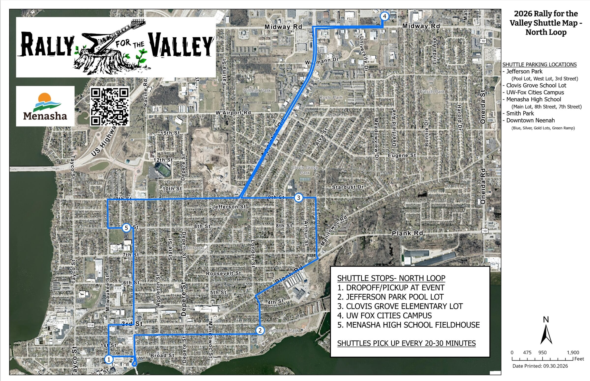 Map of the 2026 Rally for the Valley North Loop shuttle route with stops and parking locations.
